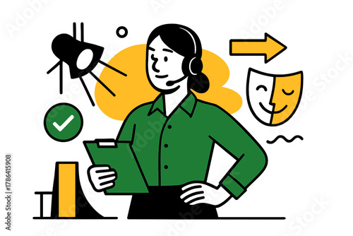 Stage Manager's Mastery. Performance readiness. Stage manager stands confidently, headset on, as the stage is