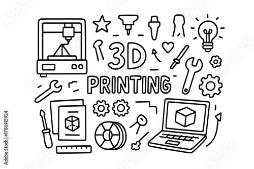 3D Printing Doodle. 3D Printing. Hand-drawn doodle illustration of 3D Printing. 3D printer, filament spool,