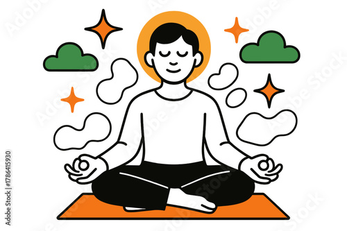 Meditative Geometry. Meditation moment. A figure sitting on a mat with closed eyes, floating abstract