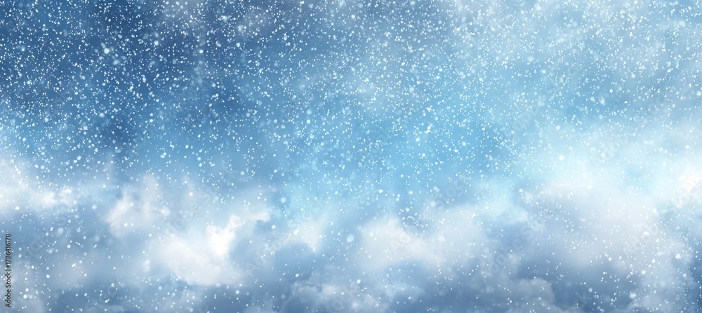 Fototapeta premium Photorealistic Snowfall Texture on Pale Blue Sky Background Banner