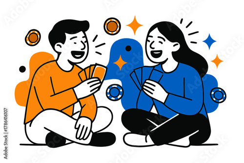 Playful Card Night. Game night. Two friends seated cross-legged on the floor, laughing over a deck of cards,