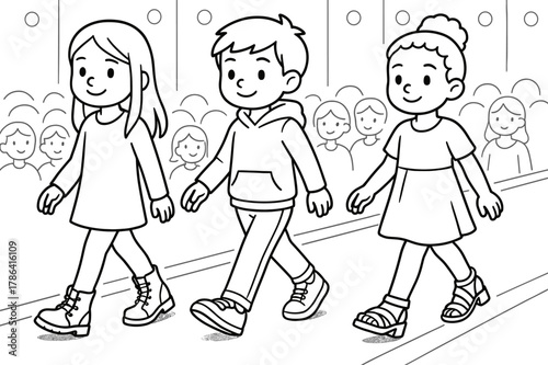 Kids' Fashion Runway. Fashion runway shoes children?s coloring book illustration, outlined drawing, models