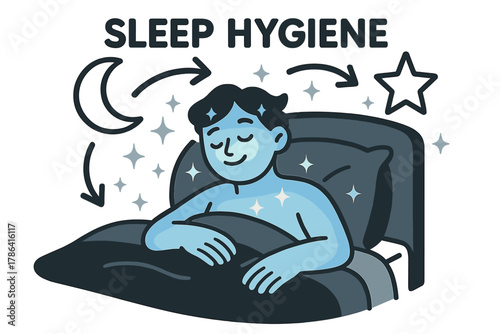 Relaxing Sleep Illustration. Sleep hygiene. A glowing character resting in bed with floating moon and star