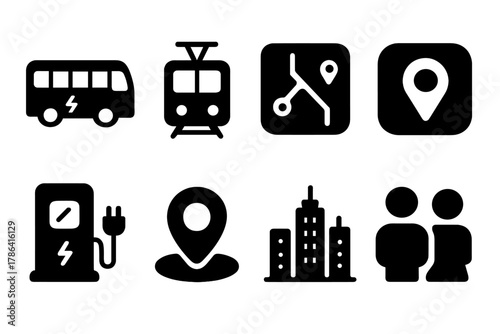 Smart Transit Icons. Smart transit. Filled icon set of smart transit: electric bus, tram, route map, app icon,
