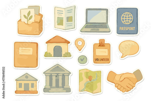 Watercolor Sticker Icons. Host Assistance Icons. Realistic hand-painted watercolor style sticker sheet of host