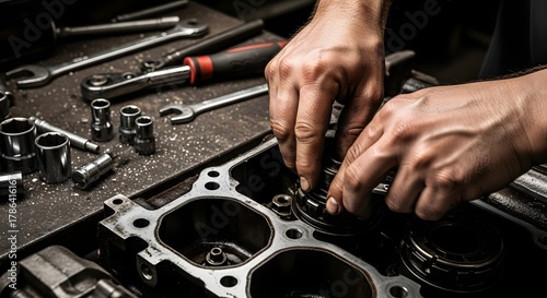 Automotive engine repair scene with mechanic working on detailed maintenance in workshop setting