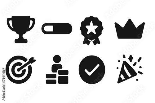 User Achievement Icons. User achievements. Filled icon set of user achievements: trophy, progress bar, star
