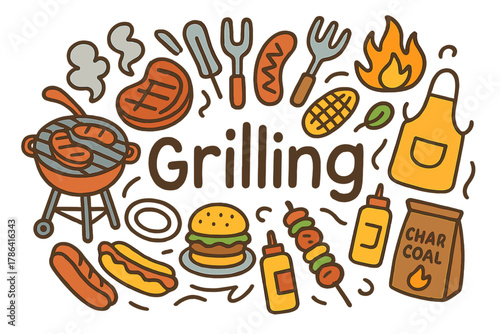 Grilling Doodle Extravaganza. Grilling. Hand-drawn doodle illustration of grilling. Barbecue grill, tongs,