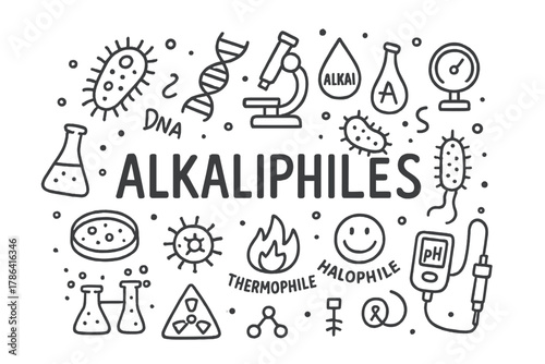Alkaliphiles Doodle Illustration. Alkaliphiles. Hand-drawn doodle illustration of Alkaliphiles. microbe, DNA,