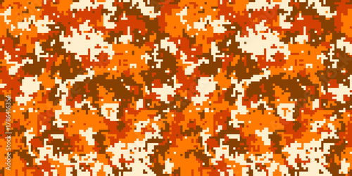 Abstract autumnal camouflage pattern.  Vibrant orange, brown, and cream pixelated design. Ideal for textile prints, backgrounds, or digital art.  Evokes feelings of warmth, nature, and concealment.