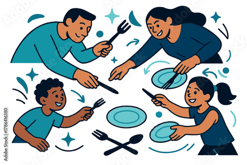 Teamwork in Meal Prep. Interactive meal prep. Children and adults placing utensils and plates together,