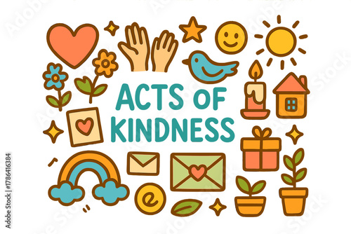 Kindness Illustrated in Doodles. Acts of kindness. Hand-drawn doodle illustration of acts of kindness. Heart,