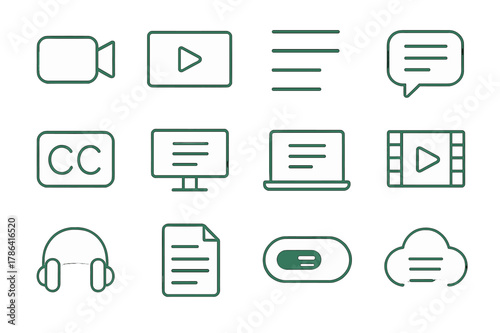 Transcription Icon Set. Transcribed videos. Line outline icon set of transcribed videos: video camera, video