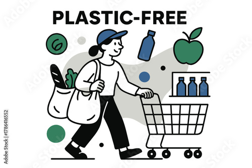 Eco-Friendly Shopping. Plastic-free lifestyle. A shopper with cloth bags in a grocery aisle, floating abstract