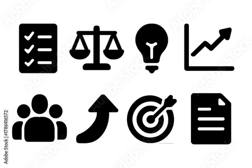 Decision Icons Grid. Decision making. Filled icon set of decision making: checklist, scales, light bulb, graph