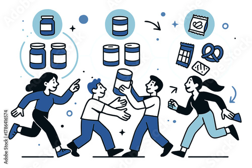 Organized Jar Arrangement. Sorting categories. Jars, cans, and snacks being grouped into categories, glowing