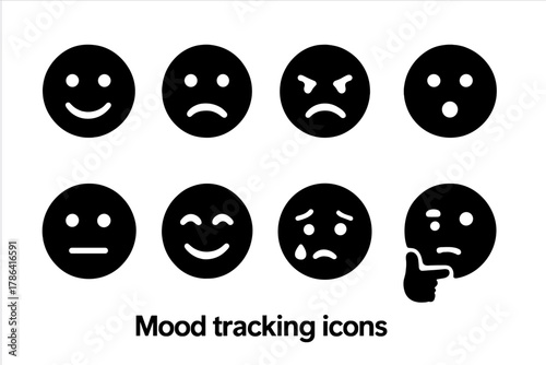 Mood Tracking Icons. Mood tracking. Filled icon set of mood tracking: happy, sad, angry, surprised, neutral,