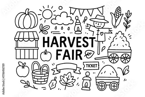 Harvest Festival Doodles. Harvest Fair. Hand-drawn doodle illustration of Harvest Fair. pumpkin, apple,