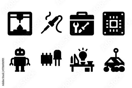 Maker Culture Icons. Maker culture. Filled icon set of maker culture: 3D printer, soldering iron, tool kit,