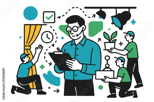 Efficient Backstage Coordination. Backstage coordination. Stage manager checking a clipboard while crew