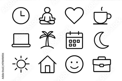 Work-Life Icon Set. Work-life balance. Line outline icon set of work-life balance: clock, yoga pose, heart,
