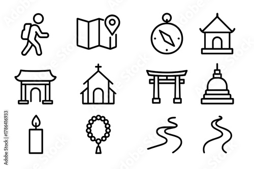 Journey Icon Set. Religious journey. Line outline icon set of religious journey: walking person, backpack, map