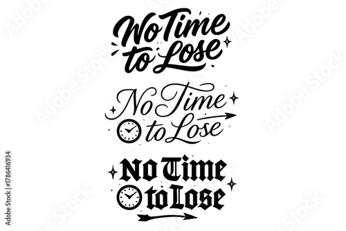 Calligraphy Art Variations. No Time to Lose. Create a calligraphy lettering illustration of the phrase: No