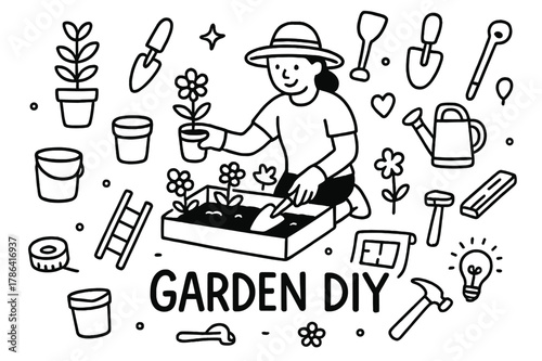 Garden DIY Doodles. Garden DIY. Hand-drawn doodle illustration of garden DIY. In the middle, one slightly