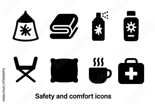 Safety and Comfort Icons. Safety and comfort. Filled icon set of safety and comfort: mosquito net, blanket,