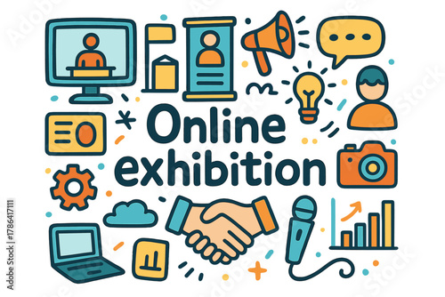 Colorful Online Exhibition Doodle. Online exhibition. Hand-drawn doodle illustration of Online exhibition.
