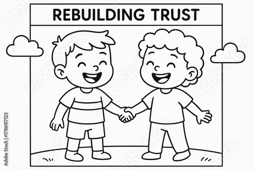 Joyful Friends Reunited. Rebuilding trust children?s coloring book illustration, outlined drawing, two
