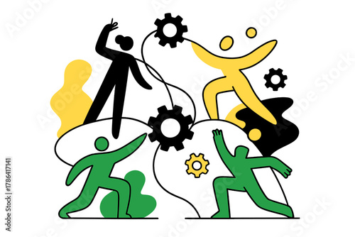 Dynamic Team Synergy. Team synergy. Abstract human figures of different colors and shapes connecting through