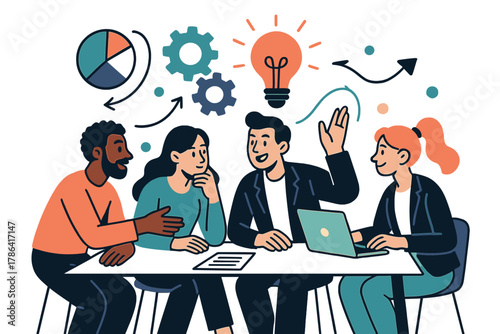 Creative Teamwork Dynamics. Team collaboration. Group gathered around a table discussing strategy; charts,