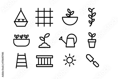 Vertical Gardening Icons. Vertical gardening for small spaces. Line outline icon set of vertical gardening for