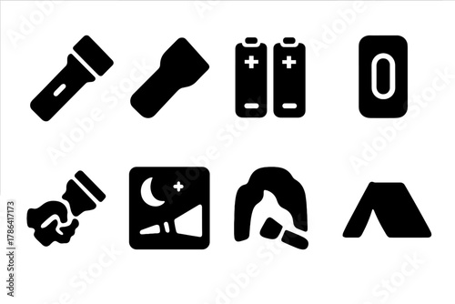 Flashlight Icon Set. Using a flashlight. Filled icon set of using a flashlight: handheld flashlight, beam of