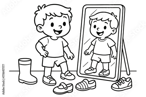 Child Trying Shoes. Trying on shoes children?s coloring book illustration, outlined drawing, happy child