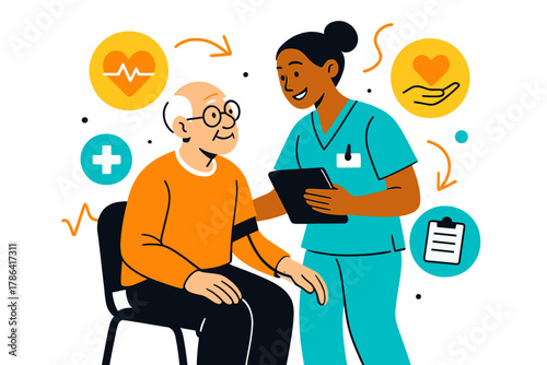 Compassionate Healthcare Technology. Compassionate healthcare. A nurse checking an elderly person?s vitals