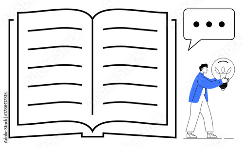 Open book with horizontal lines, a person holding a glowing lightbulb symbolizing innovation, and a speech bubble. Ideal for education, creativity, knowledge, communication, innovation, teamwork