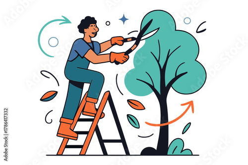 Dynamic Tree Pruning. Tree trimming. Gardener on ladder using pruning shears; falling leaves and curved lines