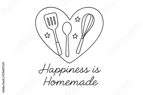 Homemade Happiness Design. ?Happiness is Homemade?. Minimalistic one-line drawing of a heart with kitchen