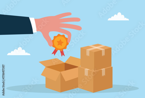 Vector illustration of a hand placing a quality badge on a cardboard box, symbolizing product certification, brand trust, quality assurance, packaging standards, and customer satisfaction
