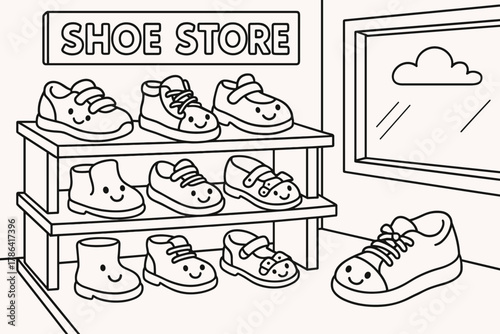 Smiling Shoes Shop. Shoe store children?s coloring book illustration, outlined drawing, cartoon shop with