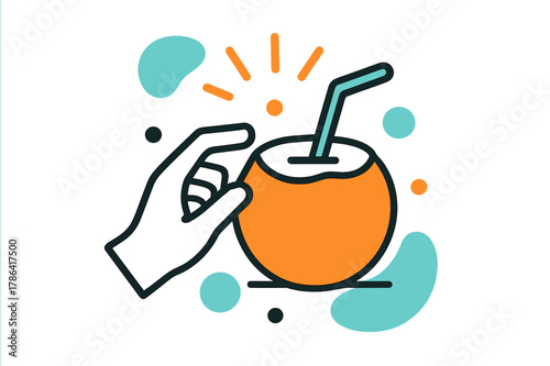 Coconut Refreshment Delight. Refreshing pause. A minimal hand reaching toward a coconut with a straw, stylized