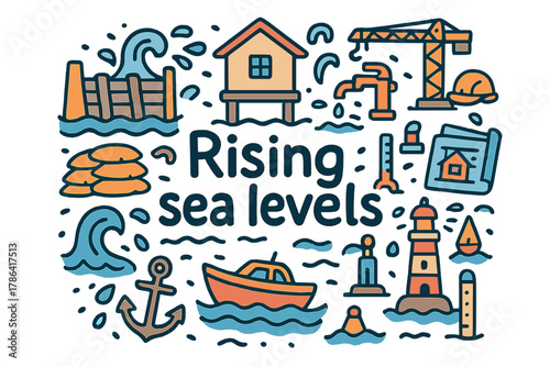 Rising Sea Doodles. Rising sea levels. Hand-drawn doodle illustration of Rising sea levels. Flood barrier,