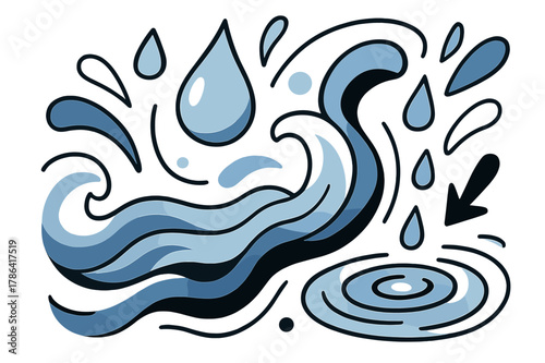 Fluid Abstract Harmony. Water-inspired shapes. Flowing waves, drops, and ripples with glowing accents,