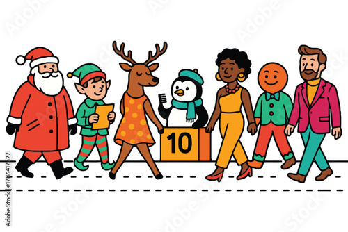 Diverse group of festive characters including santa claus elf reindeer penguin and people celebrating winter holidays
