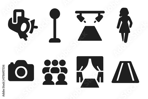 Runway Lighting Icons. Runway lighting. Filled icon set of Runway lighting: spotlight, lamp, stage, model,