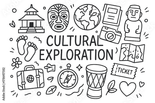Cultural Exploration Icons. Cultural Exploration. Hand-drawn doodle illustration of Cultural Exploration.