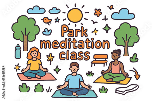 Park Meditation Doodle. Park meditation class. Hand-drawn doodle illustration of park meditation class. People