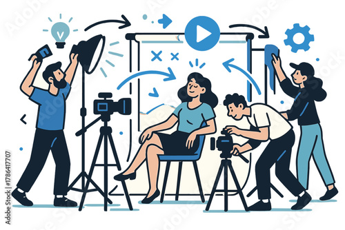 Dynamic Creative Teamwork. Behind the scenes. Crew adjusting lights, camera, and backdrop while model relaxes